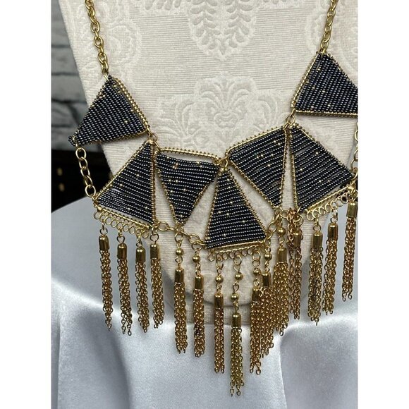 Carol Dauplaise Gold-Tone Navy Triangle Seed Beaded Tassel Statement Necklace - Picture 3 of 5